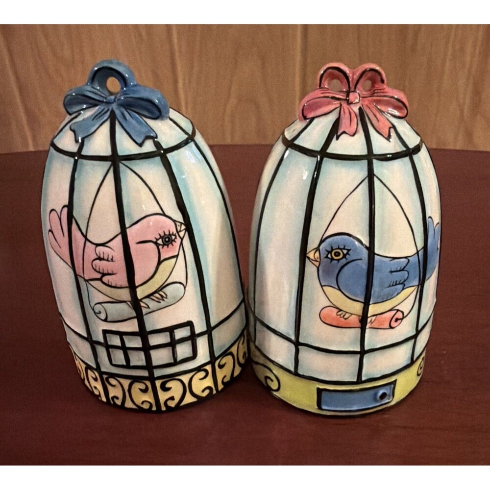 Pink & Blue Love Birds/Bird Cage Salt Pepper Shaker Set. Kitchen. Whimsical. EUC